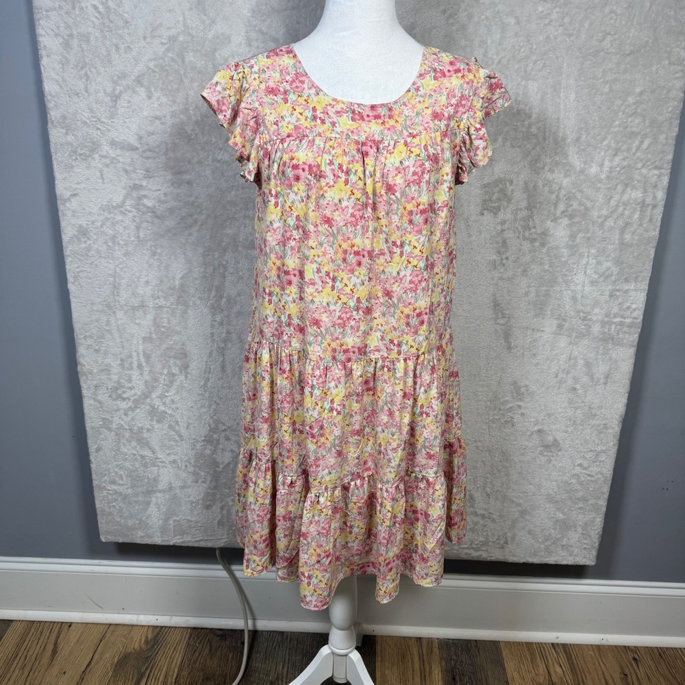 Hayden Los Angeles Pink Floral Ruffle Short Sleeve Tiered Dress Womens Size M